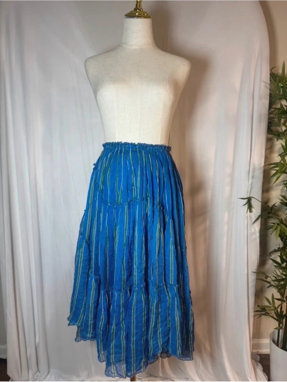 ❤️🔥 Free People FP One Blue & Green Striped Tiered Boho Skirt – M/L